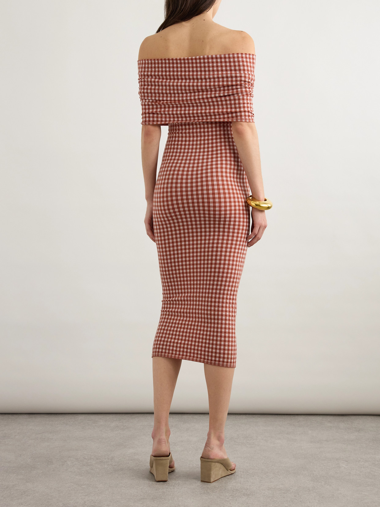 Alaïa Off-the-shoulder Checked Stretch-knit Midi Dress