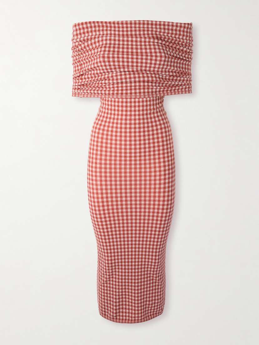 Alaïa Off-the-shoulder Checked Stretch-knit Midi Dress