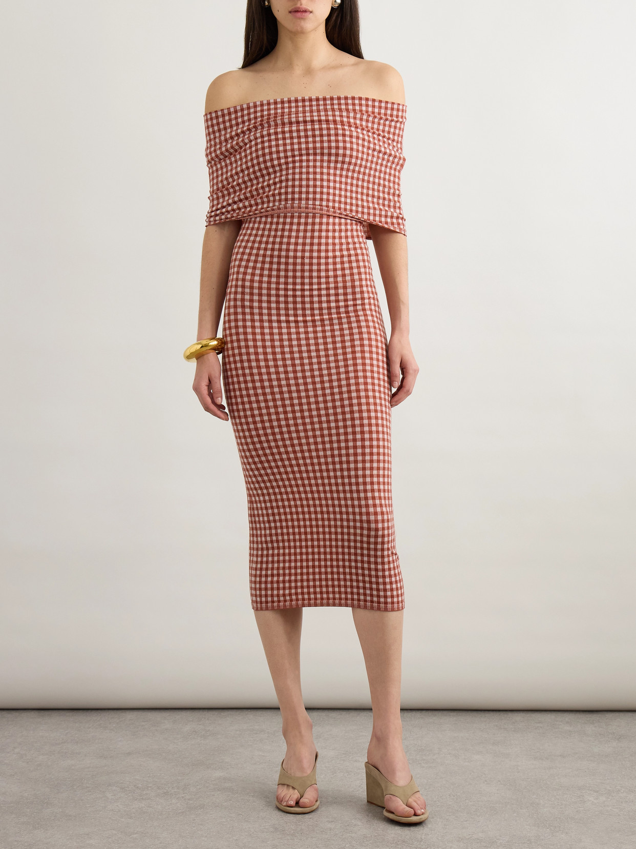 Alaïa Off-the-shoulder Checked Stretch-knit Midi Dress