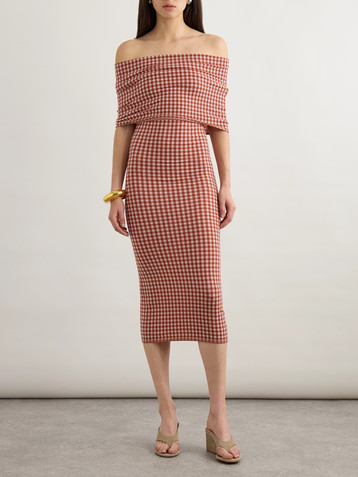 Alaïa Off-the-shoulder checked stretch-knit midi dress