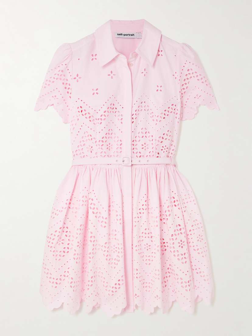 Self-Portrait Scalloped Broderie Anglaise Cotton Mini Shirt Dress
