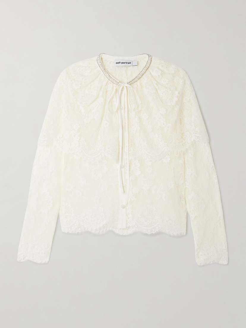 Self-Portrait Cape-effect Scalloped Embellished Lace Blouse