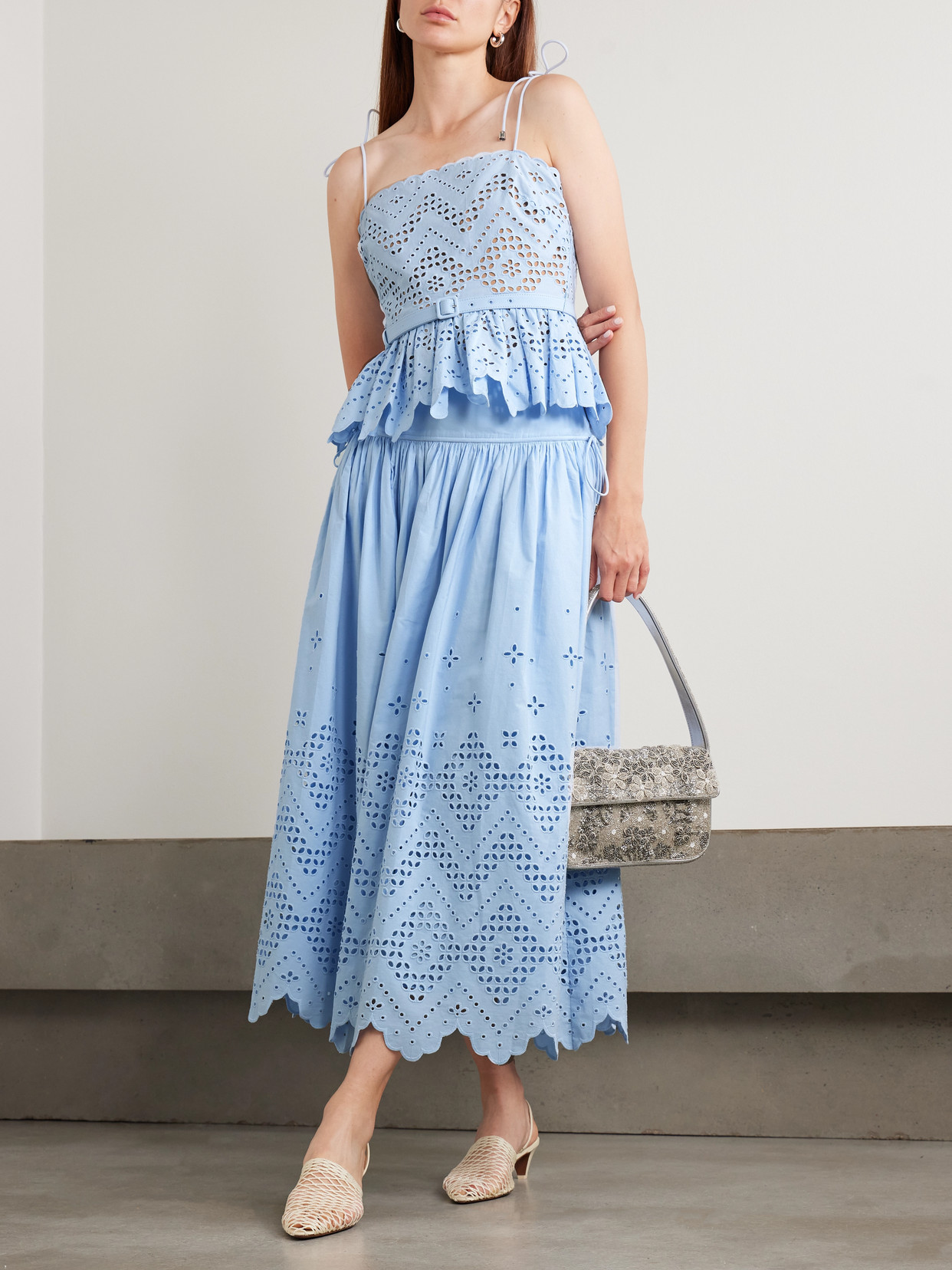 Self-portrait Broderie Anglaise Cotton Midi Skirt In Blue