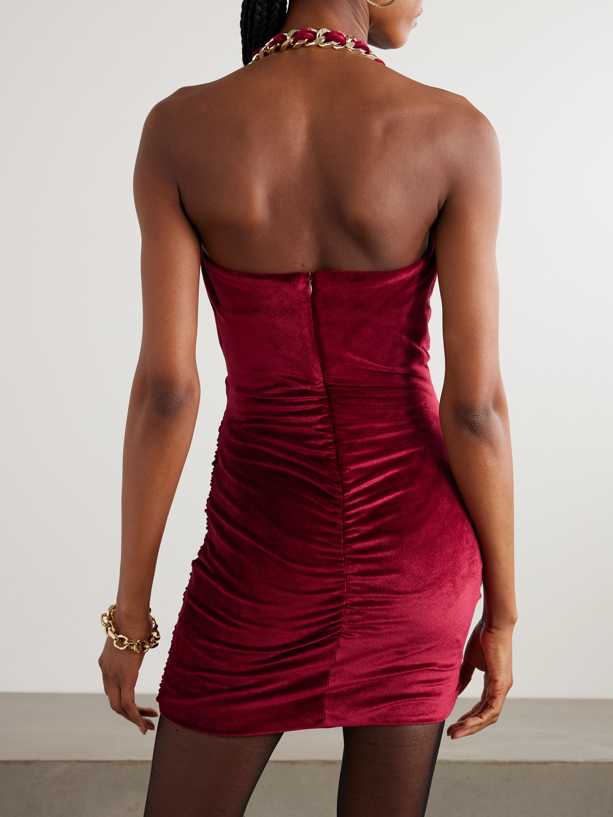 Balmain Chain-embellished Draped Velvet Mini Dress In Red