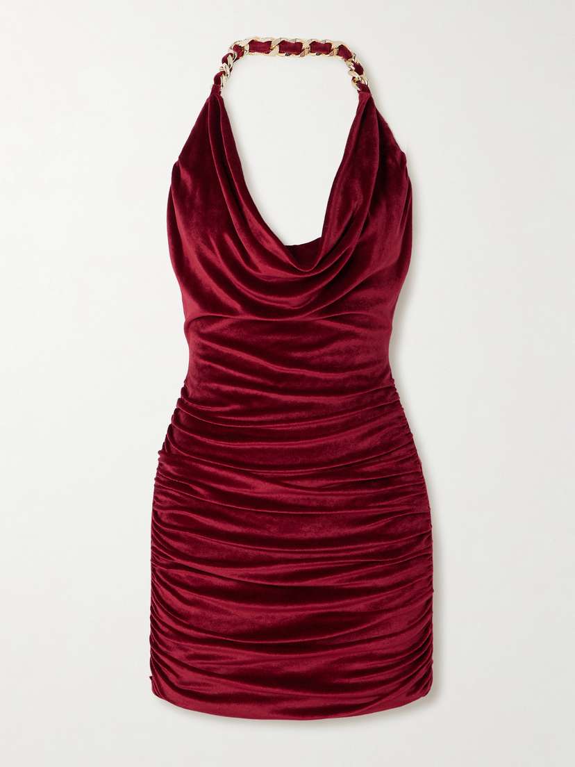 Balmain Chain-embellished Draped Velvet Mini Dress