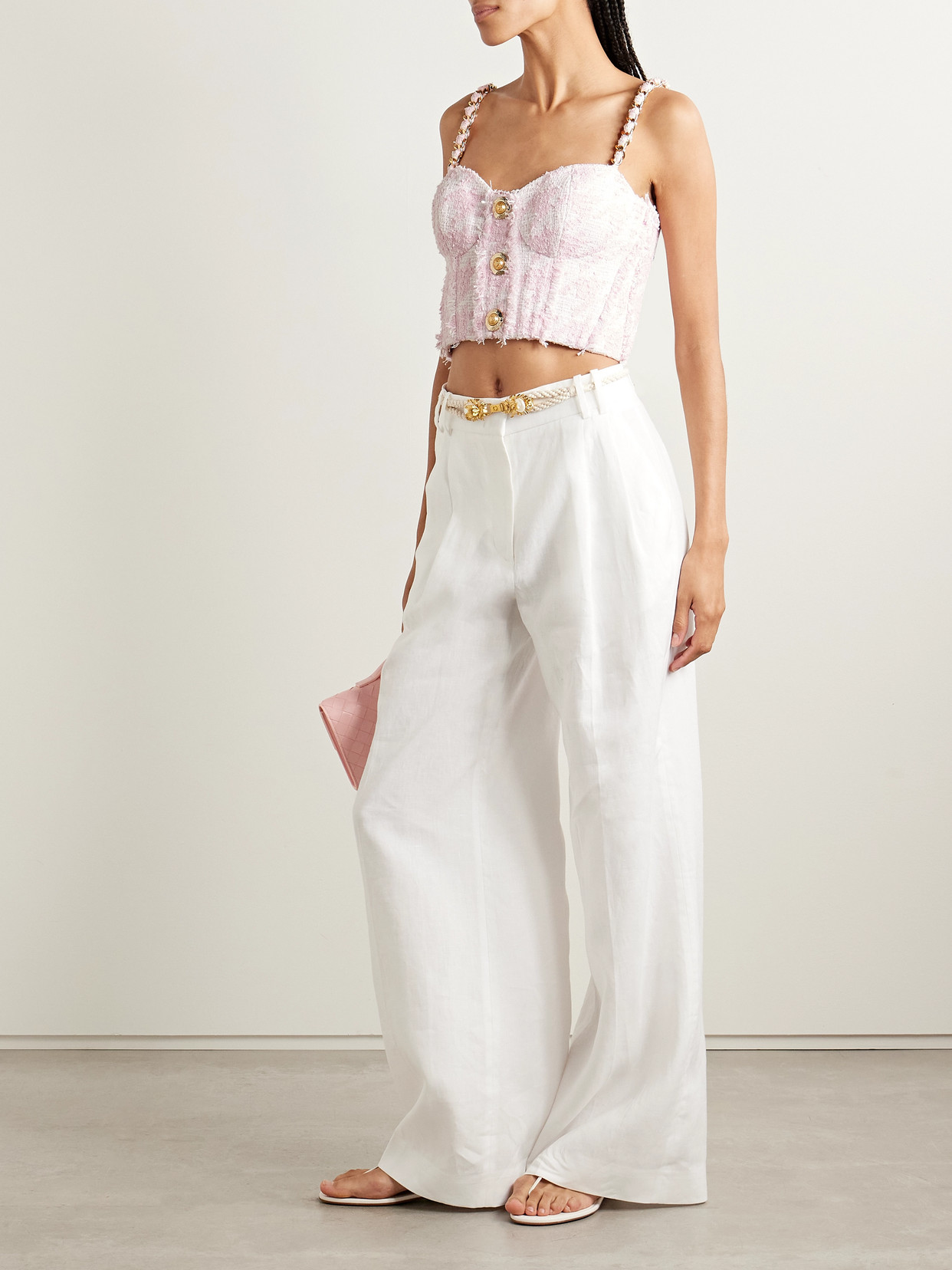 Balmain Embellished Cotton-blend Tweed Bustier Top In Pink