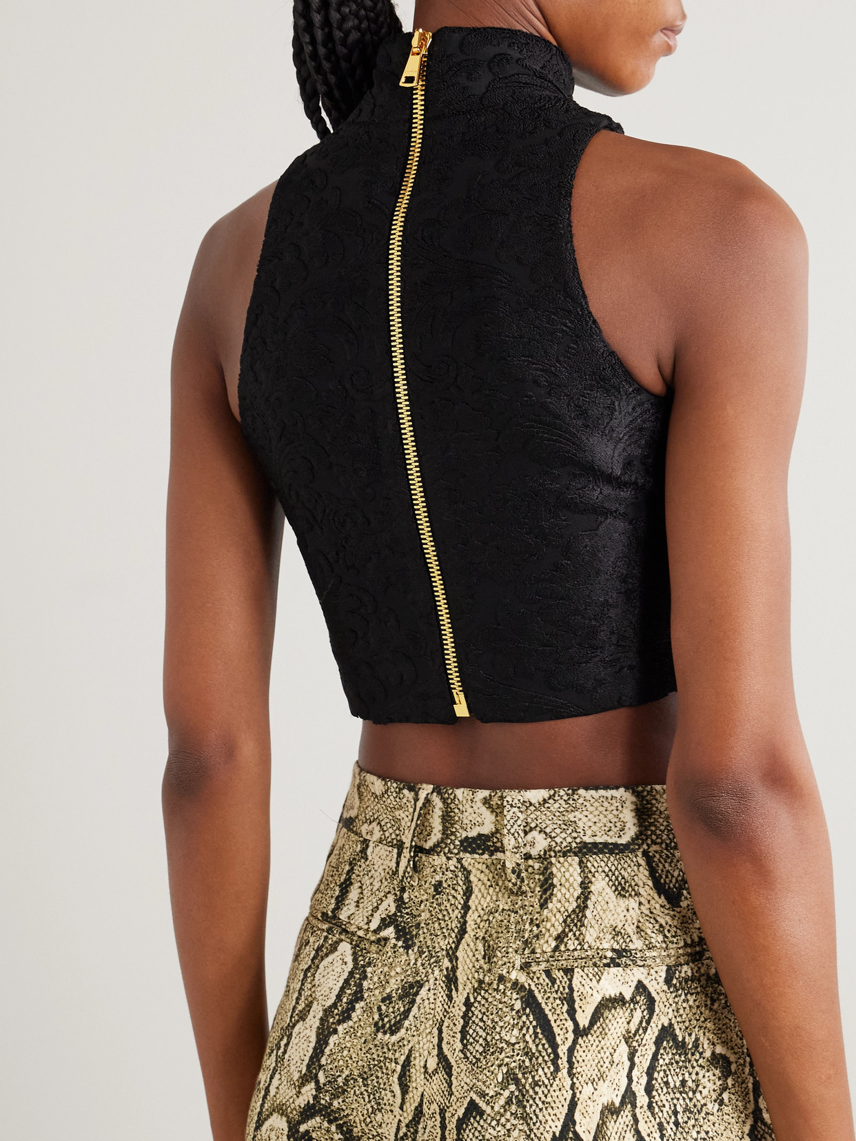Balmain Cropped Button-embellished Jacquard Top In Black