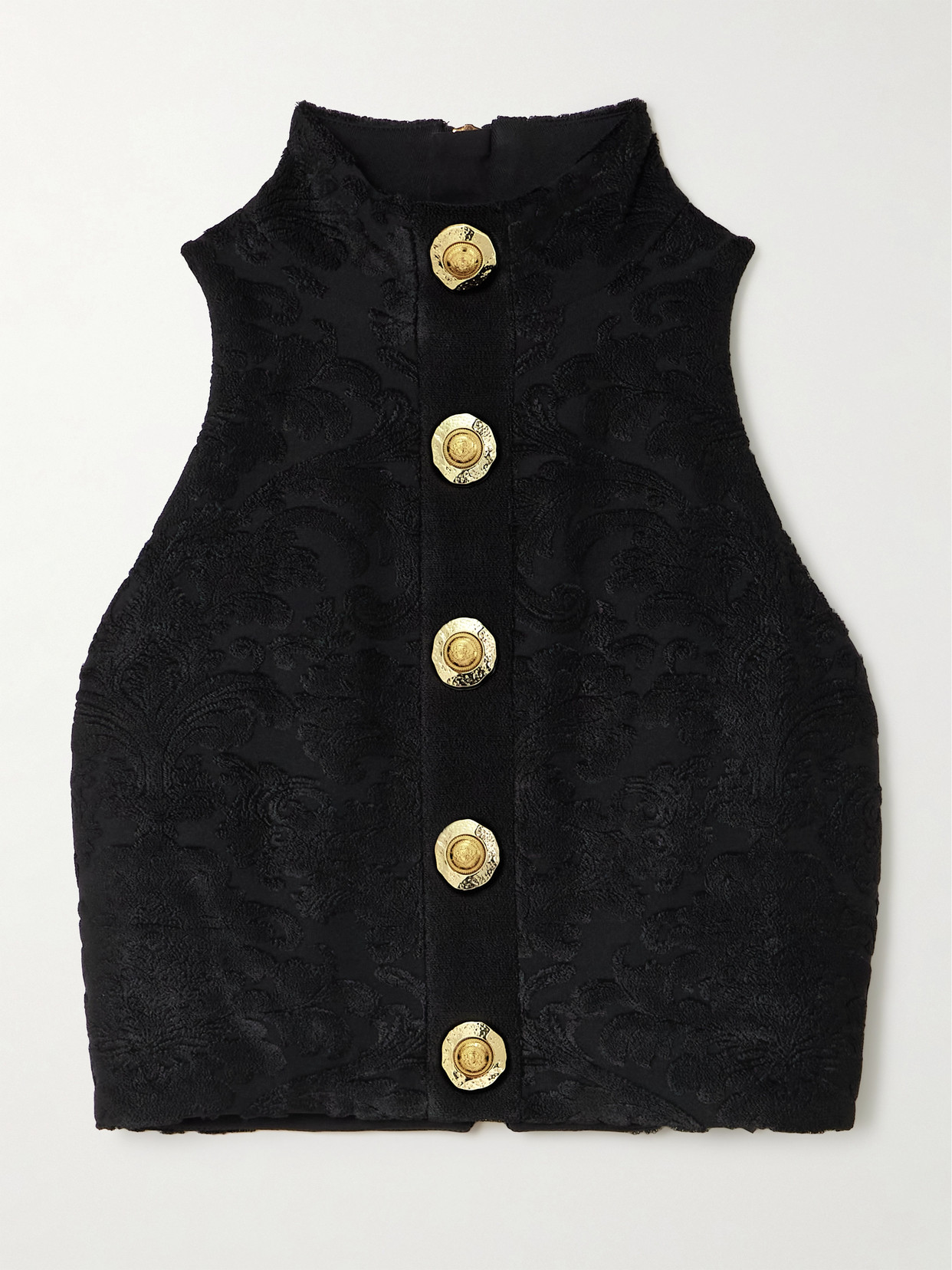 Balmain Cropped Button-embellished Jacquard Top In Black