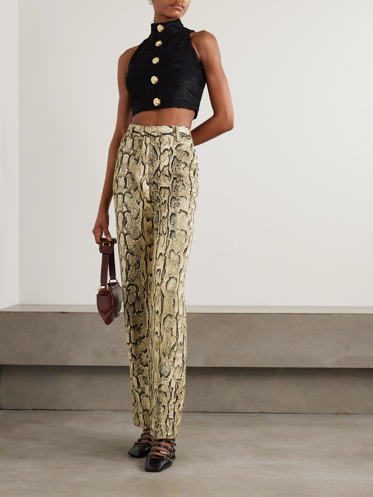Balmain Cropped Button-embellished Jacquard Top In Black