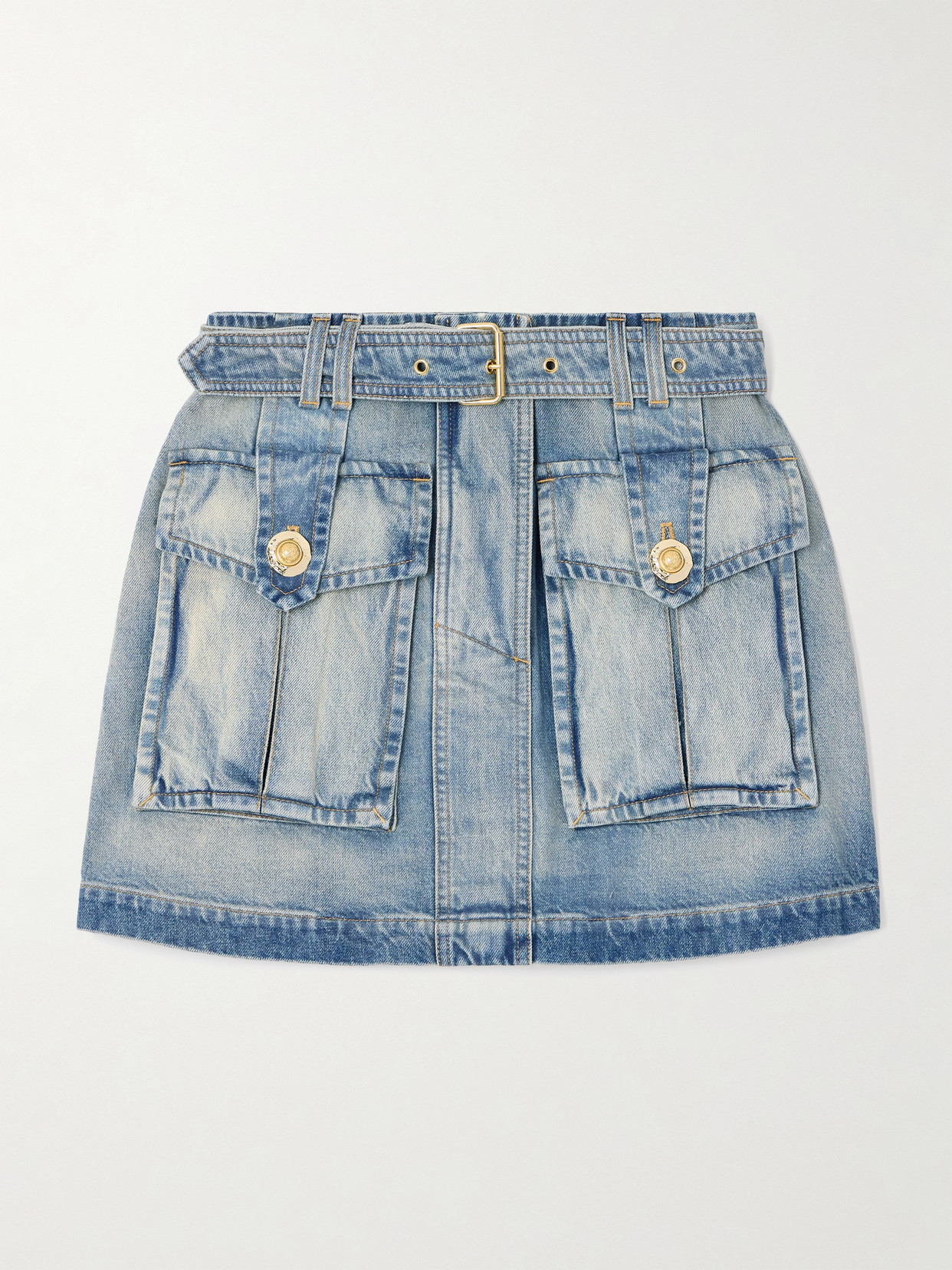 Balmain Belted Denim Mini Skirt In Blue