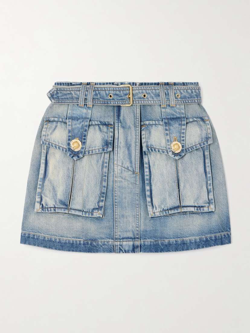 Balmain Belted Denim Mini Skirt