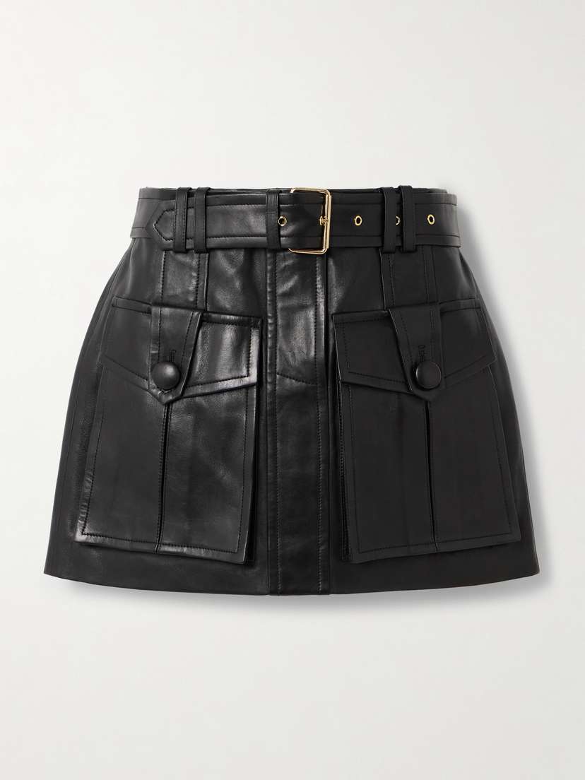Balmain Belted Paneled Leather Mini Skirt