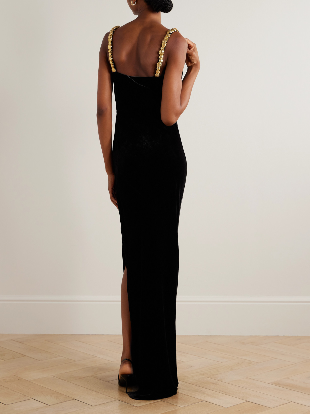 Balmain Embellished Draped Velvet Maxi Dress In Black