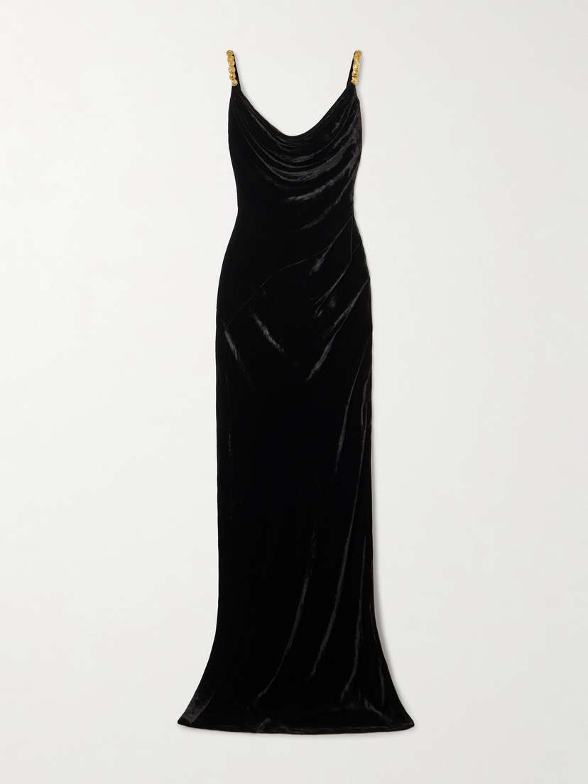 Balmain Embellished Draped Velvet Maxi Dress