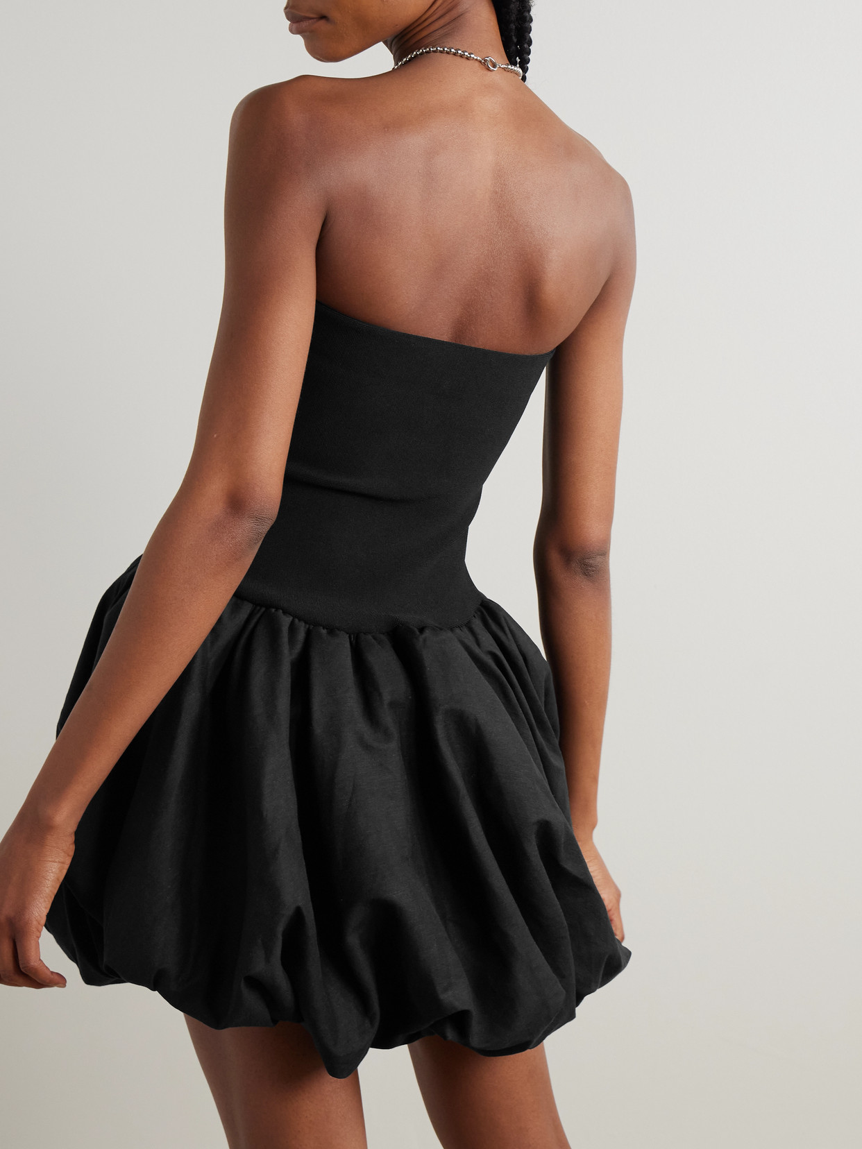 SIMKHAI POLLIE STRAPLESS STRETCH RECYCLED-KNIT AND LINEN-BLEND MINI DRESS