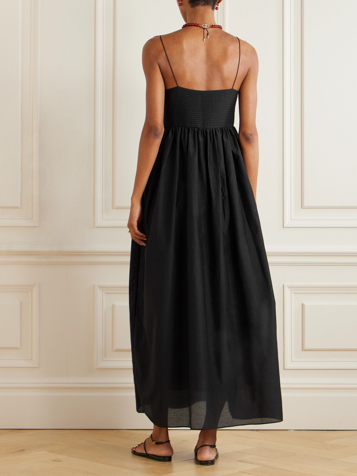 Matteau Pintucked Organic Cotton And Silk-blend Maxi Dress In Black