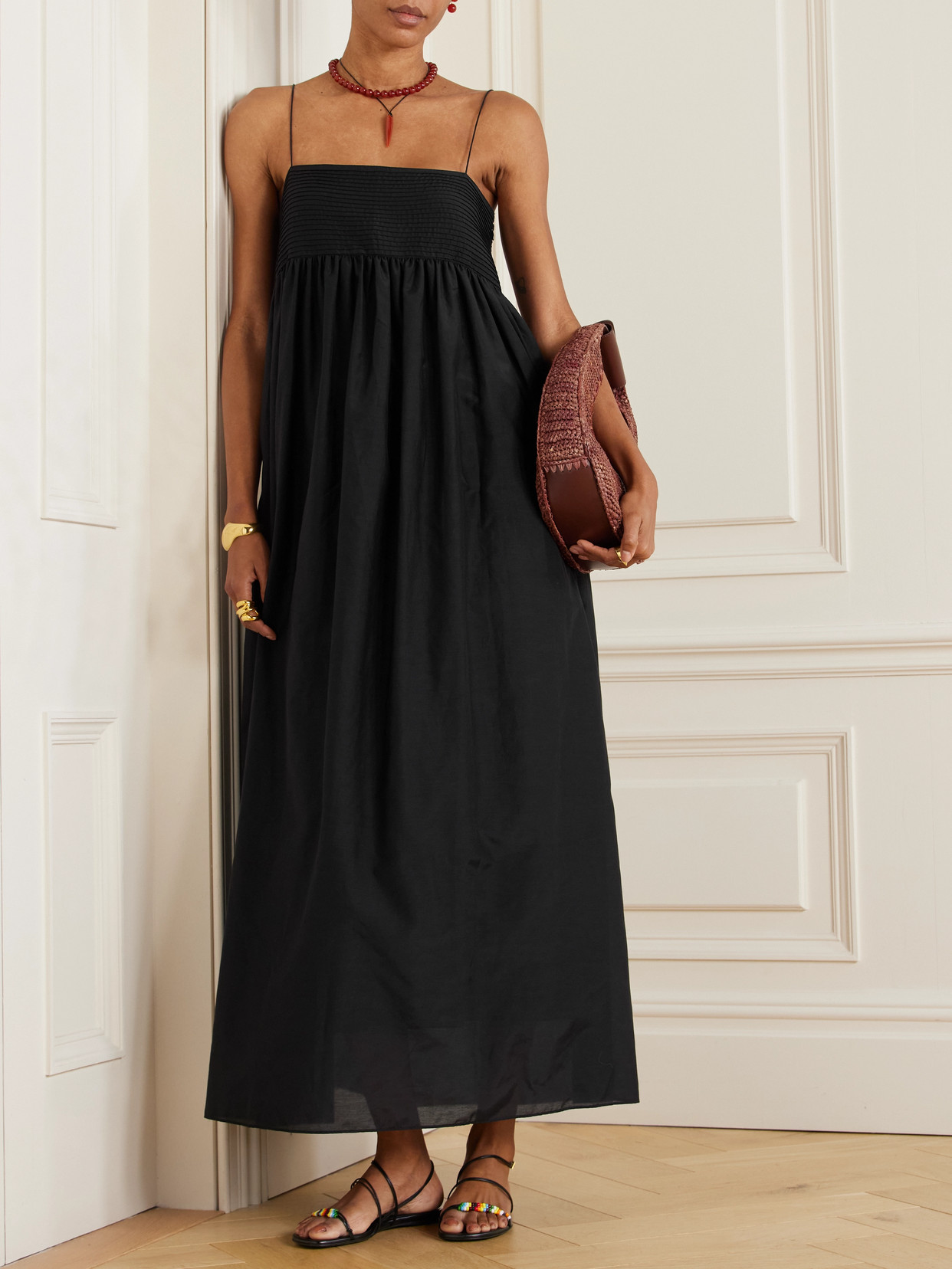 Matteau Pintucked Organic Cotton And Silk-blend Maxi Dress In Black