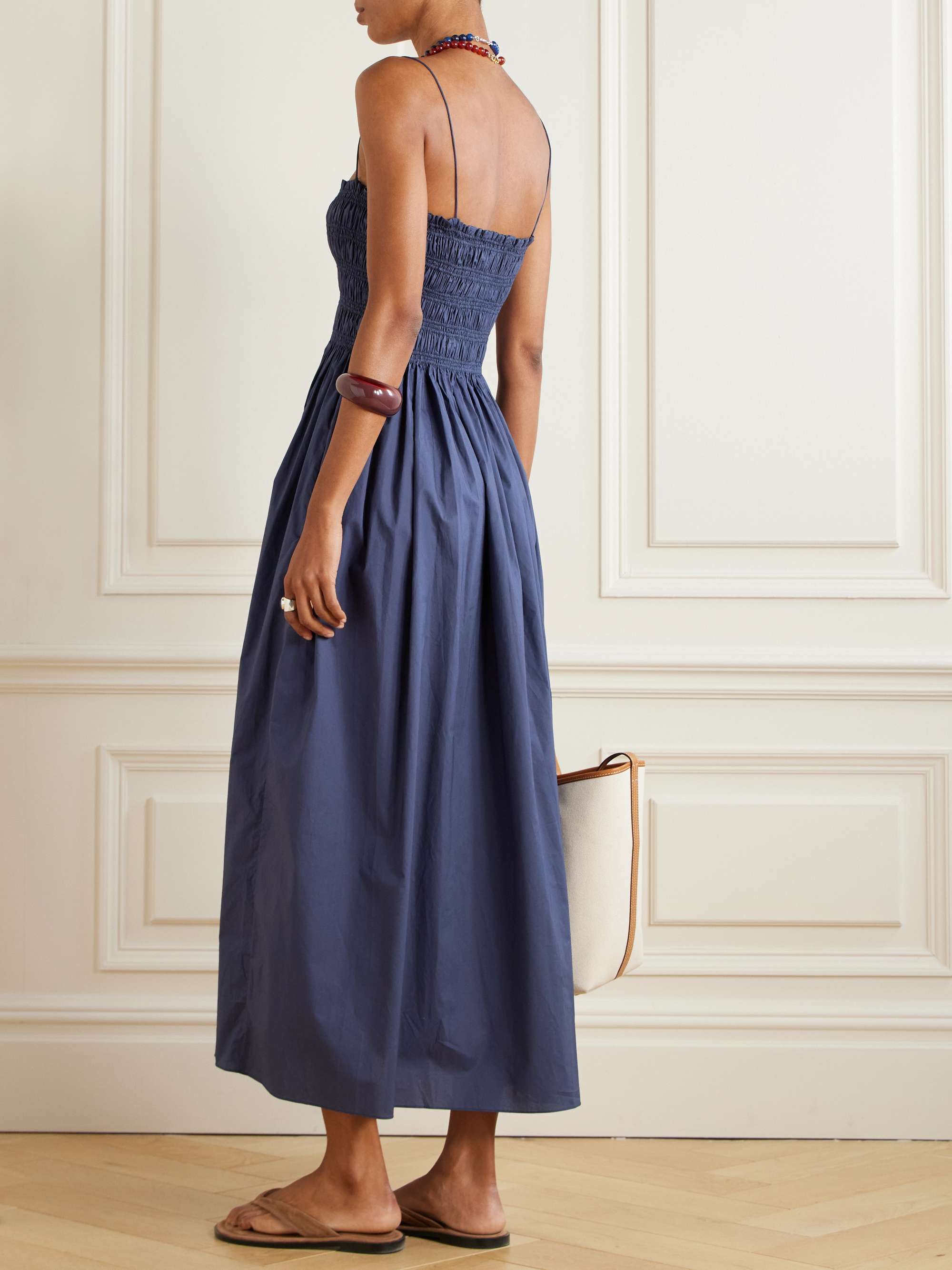 MATTEAU Shirred organic cotton and silk-blend poplin maxi dress
