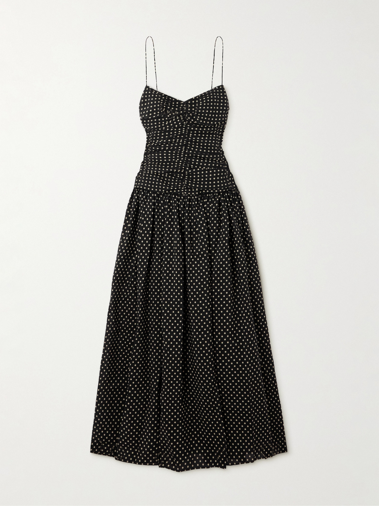 Matteau Gathered Polka-dot Organic Cotton And Silk-blend Midi Dress In Black