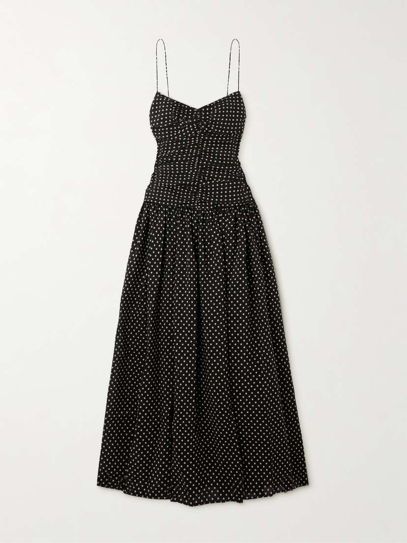Matteau Gathered Polka-dot Organic Cotton And Silk-blend Midi Dress