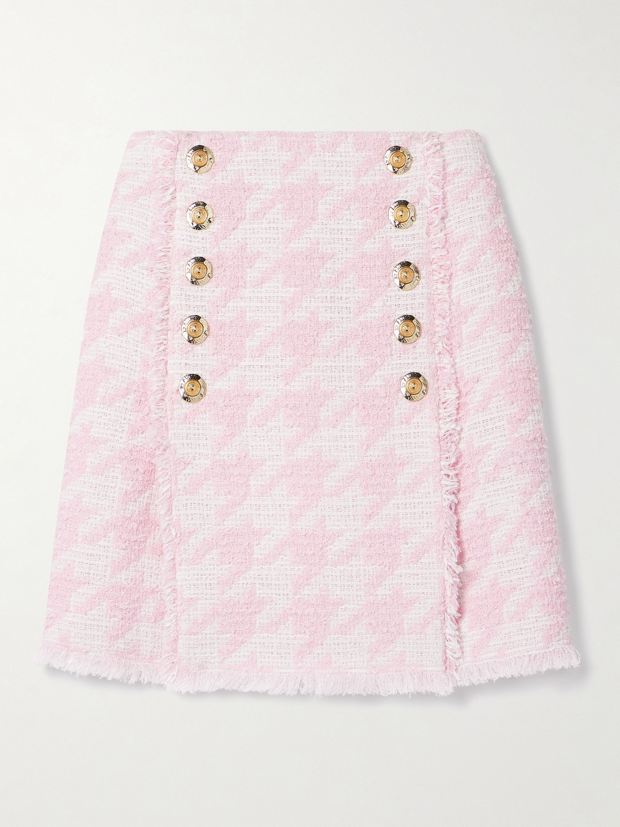 Balmain Button-embellished Pleated Checked Cotton-blend Tweed Mini Skirt