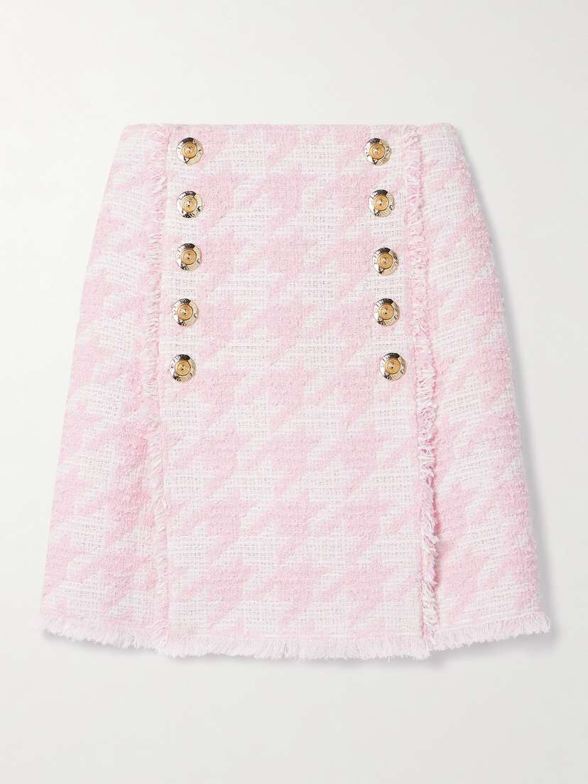 Balmain Button-embellished Pleated Checked Cotton-blend Tweed Mini Skirt
