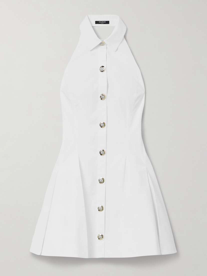 Balmain Pleated Cotton-poplin Halterneck Mini Dress