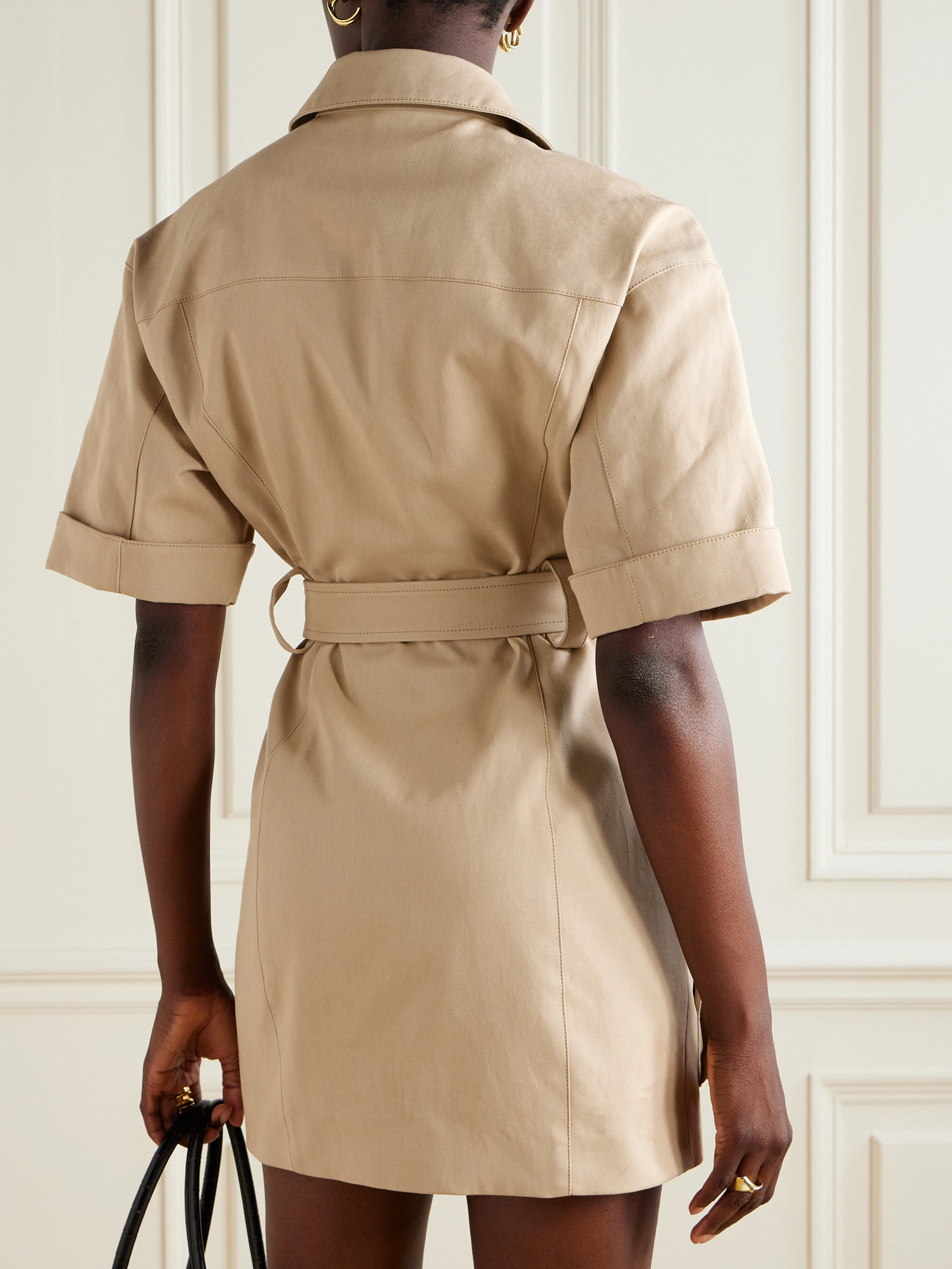 Balmain Belted Cotton-gabardine Mini Dress In Neutral