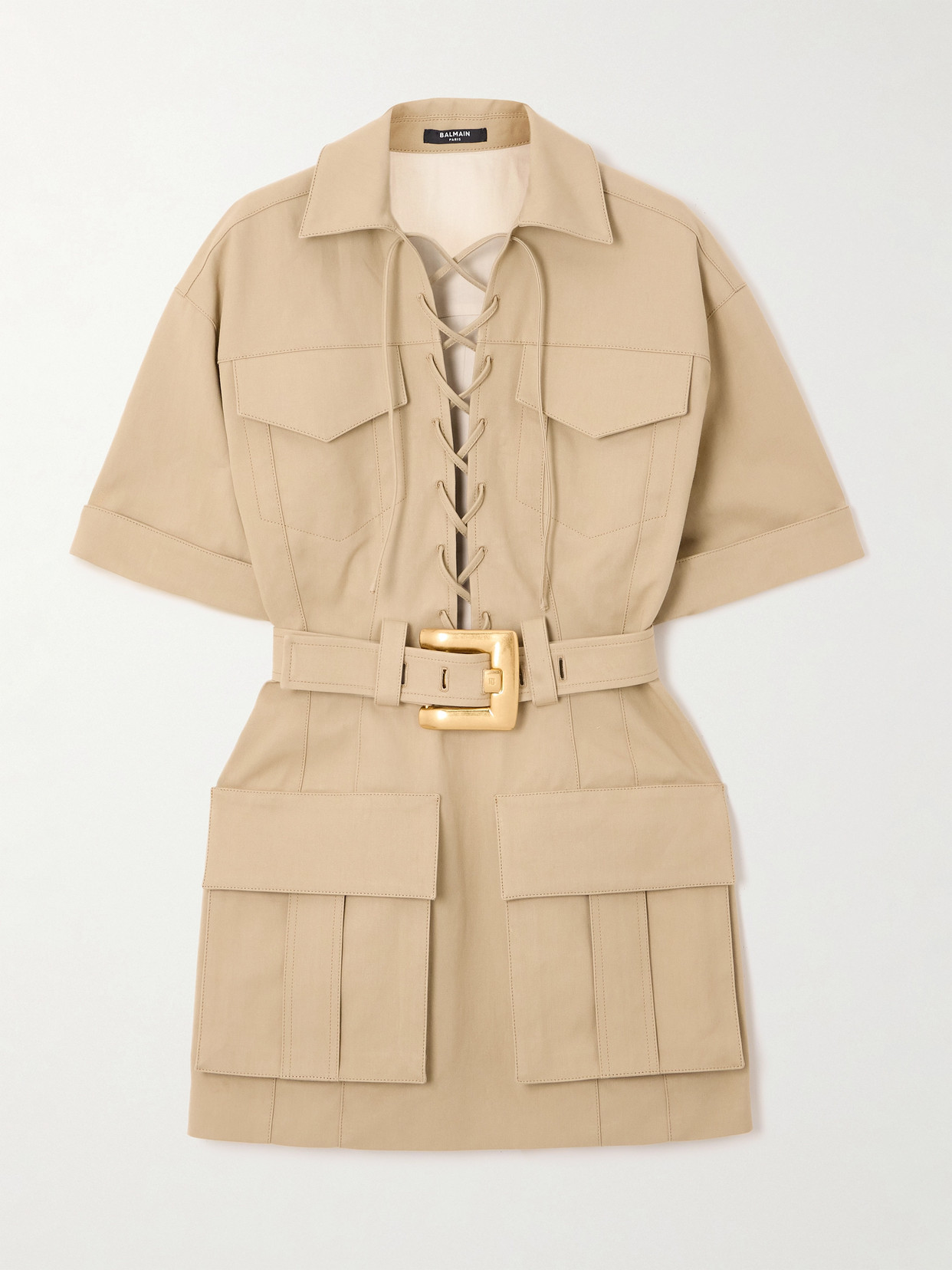 Balmain Belted Cotton-gabardine Mini Dress In Neutral