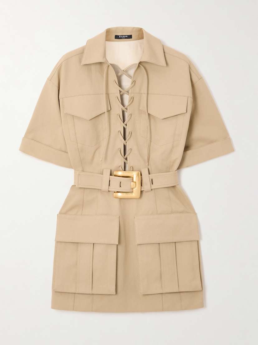Balmain Belted Cotton-gabardine Mini Dress
