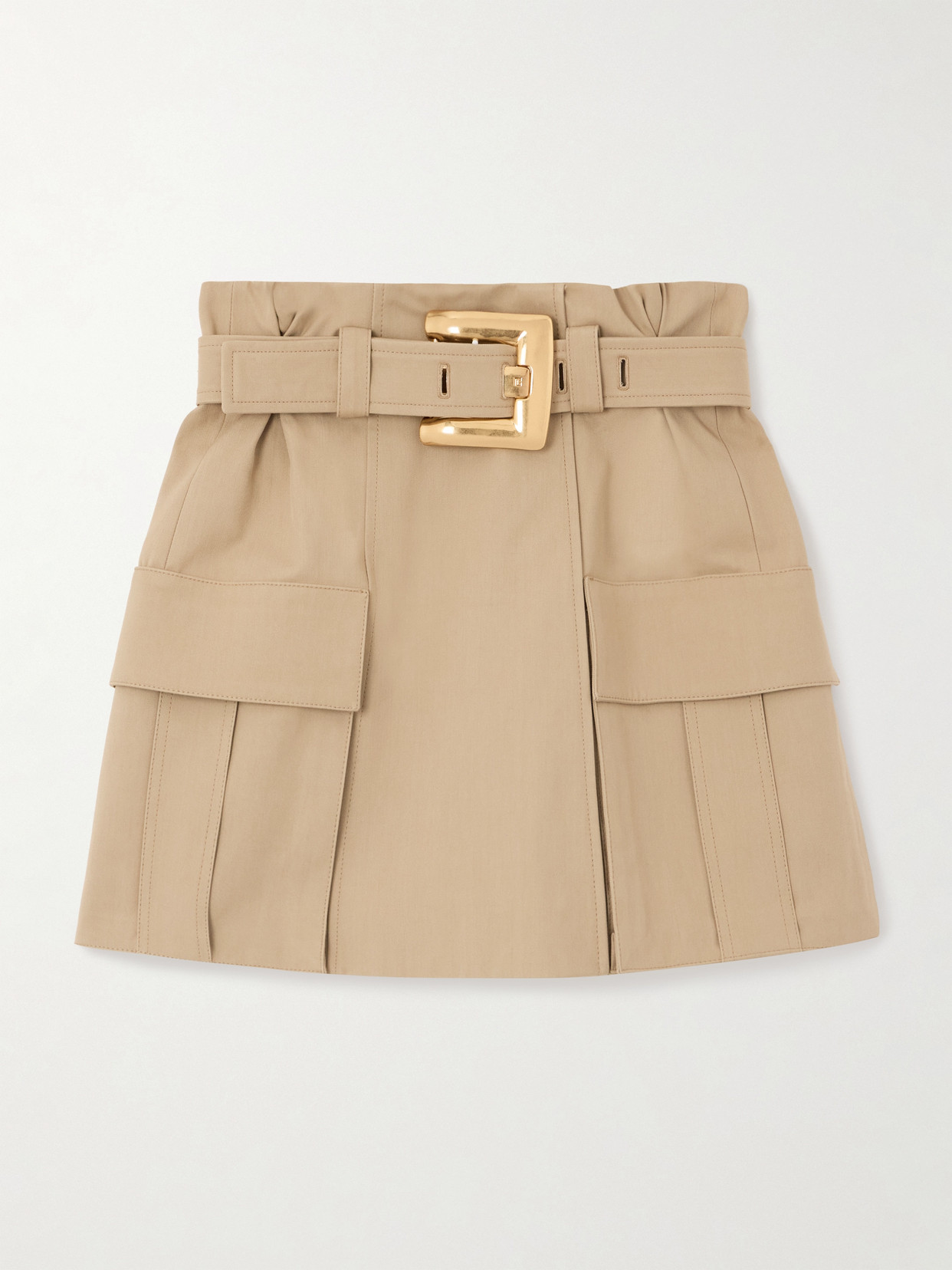 Balmain Belted Cotton-gabardine Mini Skirt In Brown