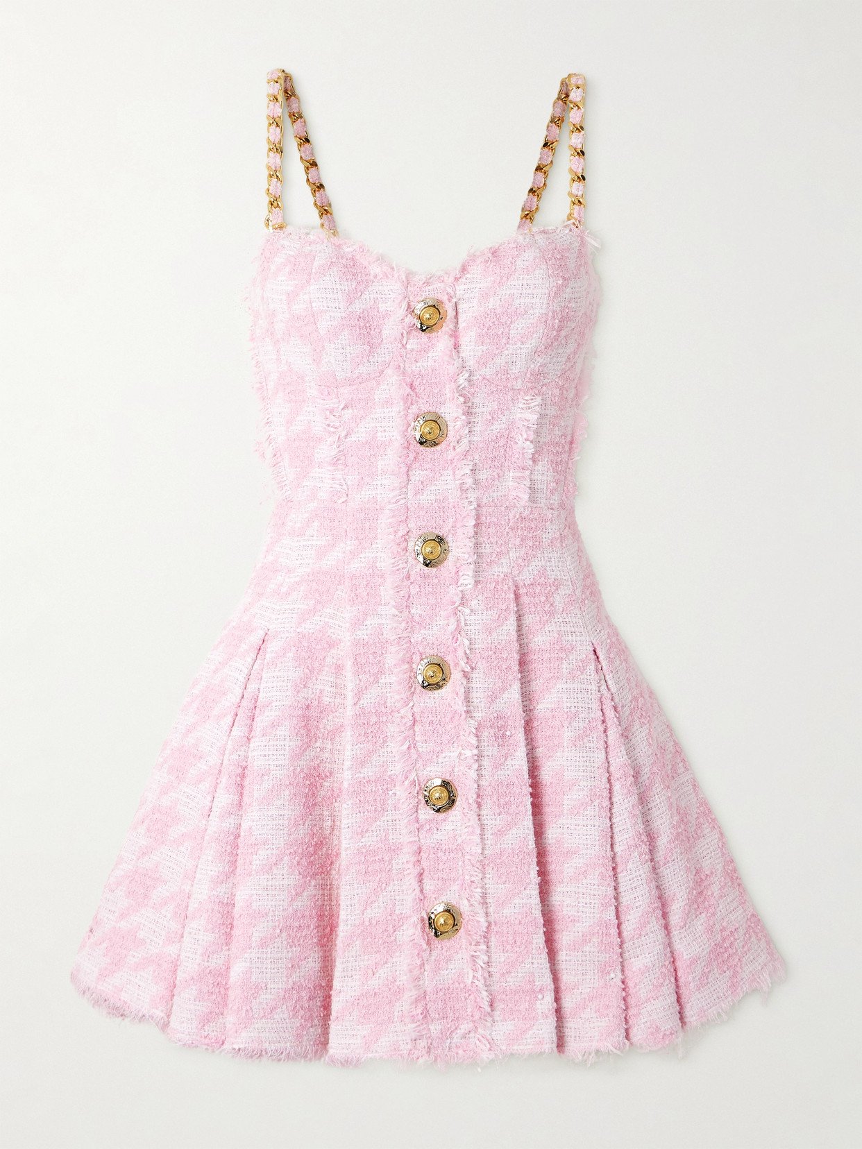 Balmain Embellished Frayed Houndstooth Cotton-blend Tweed Mini Dress
