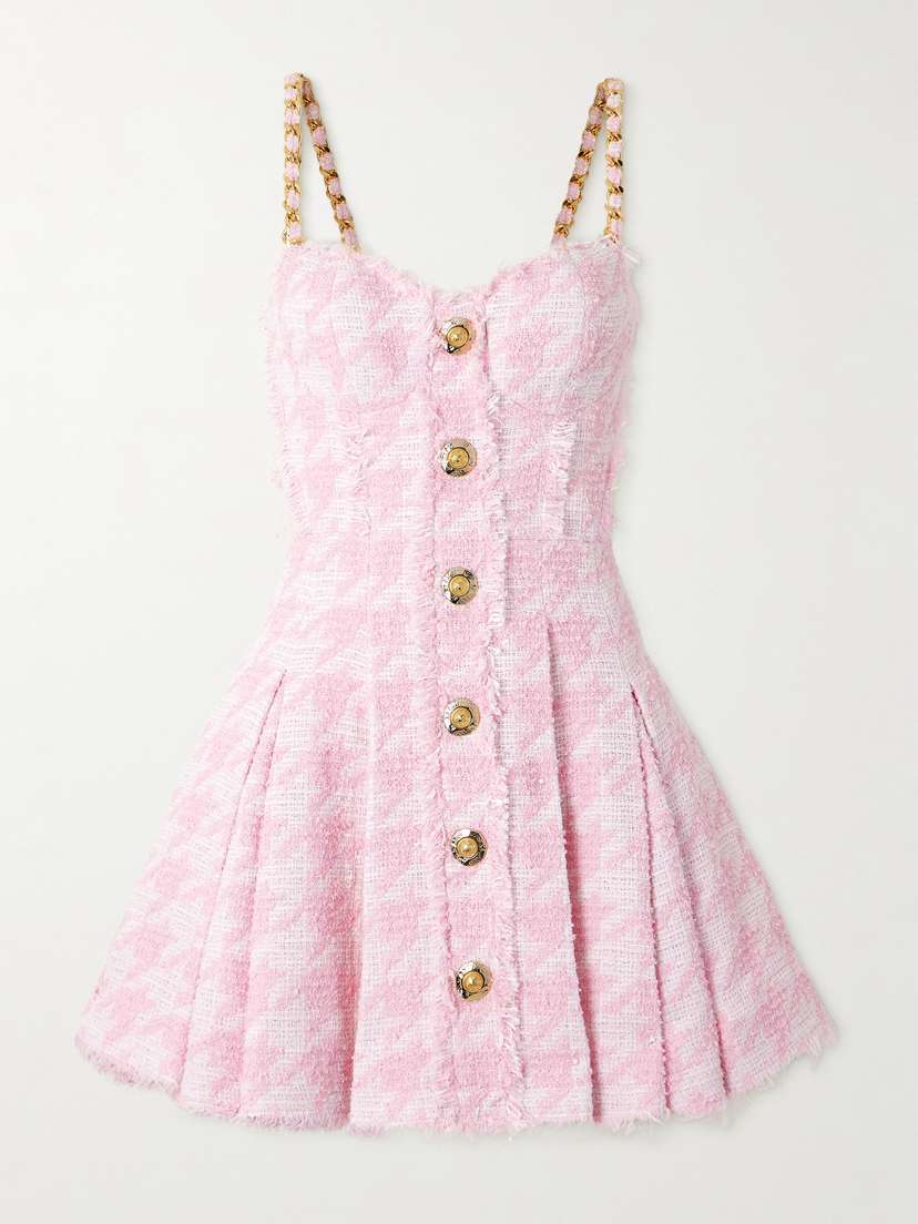 Balmain Embellished Frayed Houndstooth Cotton-blend Tweed Mini Dress