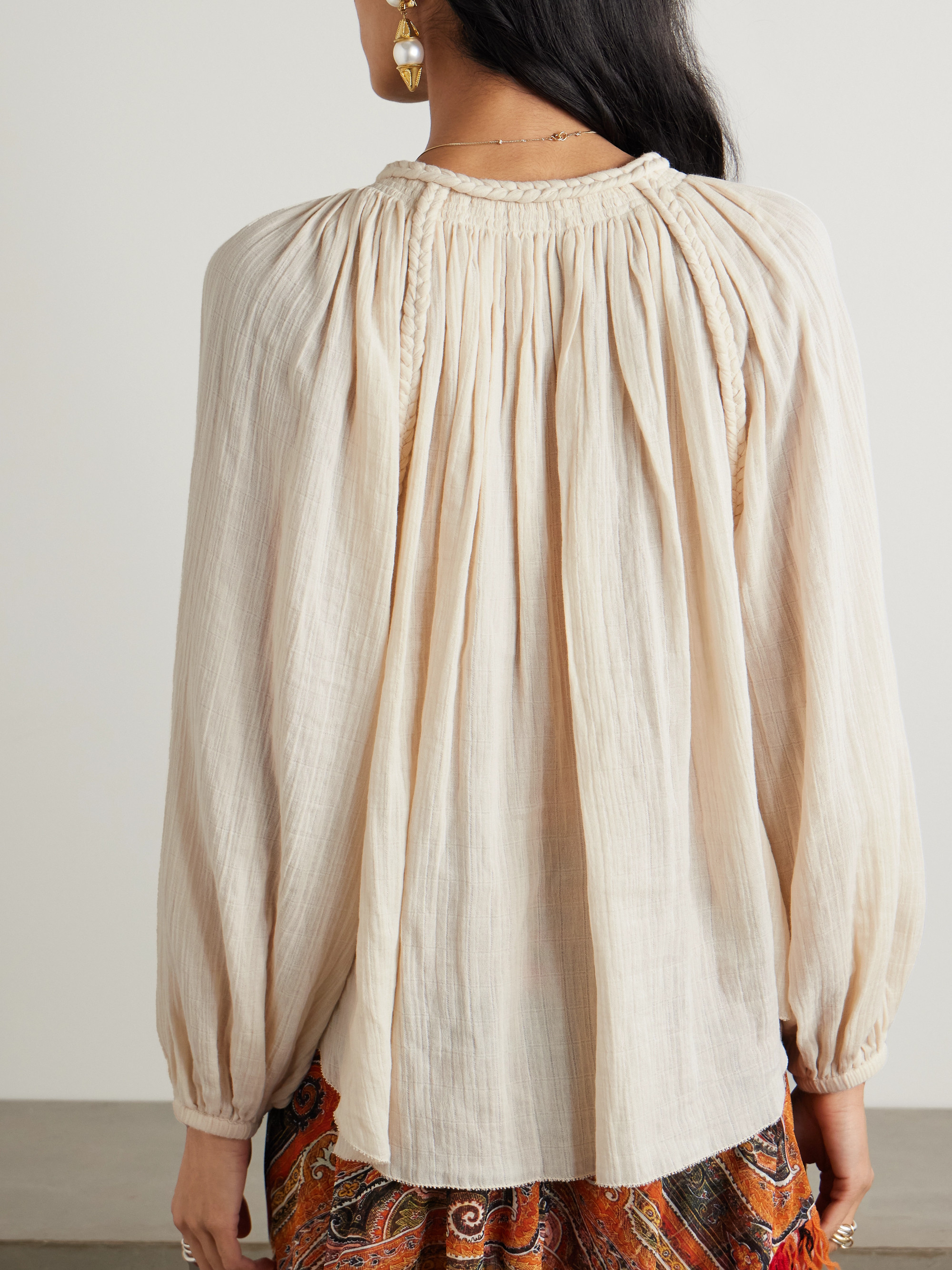 Isabel Marant Jenna frayed braided gathered cotton-gauze blouse