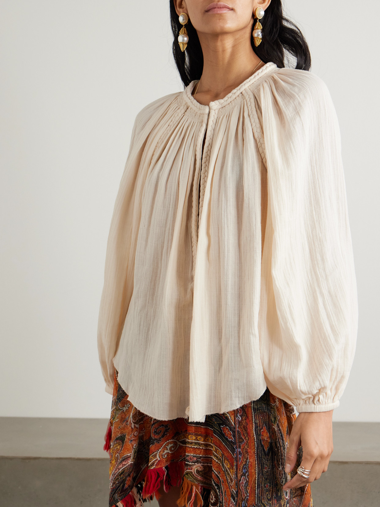 Isabel Marant Jenna Frayed Braided Gathered Cotton-gauze Blouse In Neutral