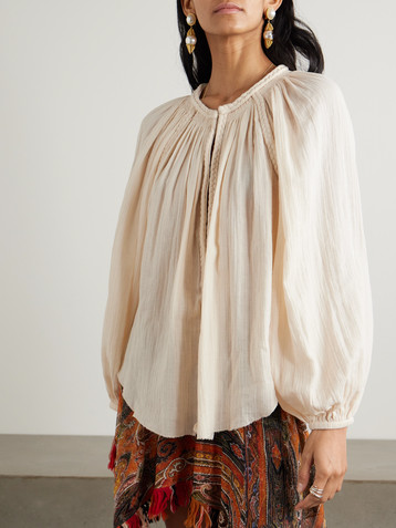 Isabel Marant Jenna frayed braided gathered cotton-gauze blouse