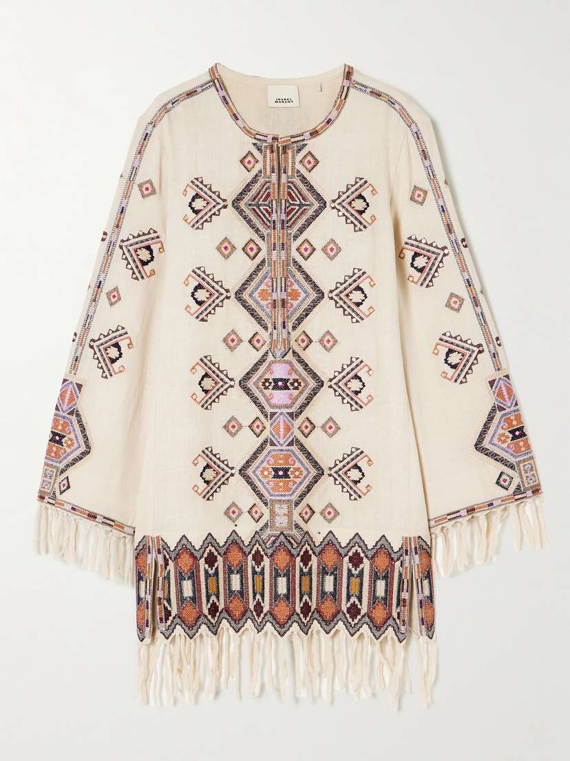 Isabel Marant Zayana Fringed Embellished Embroidered Silk-gauze Mini Dress