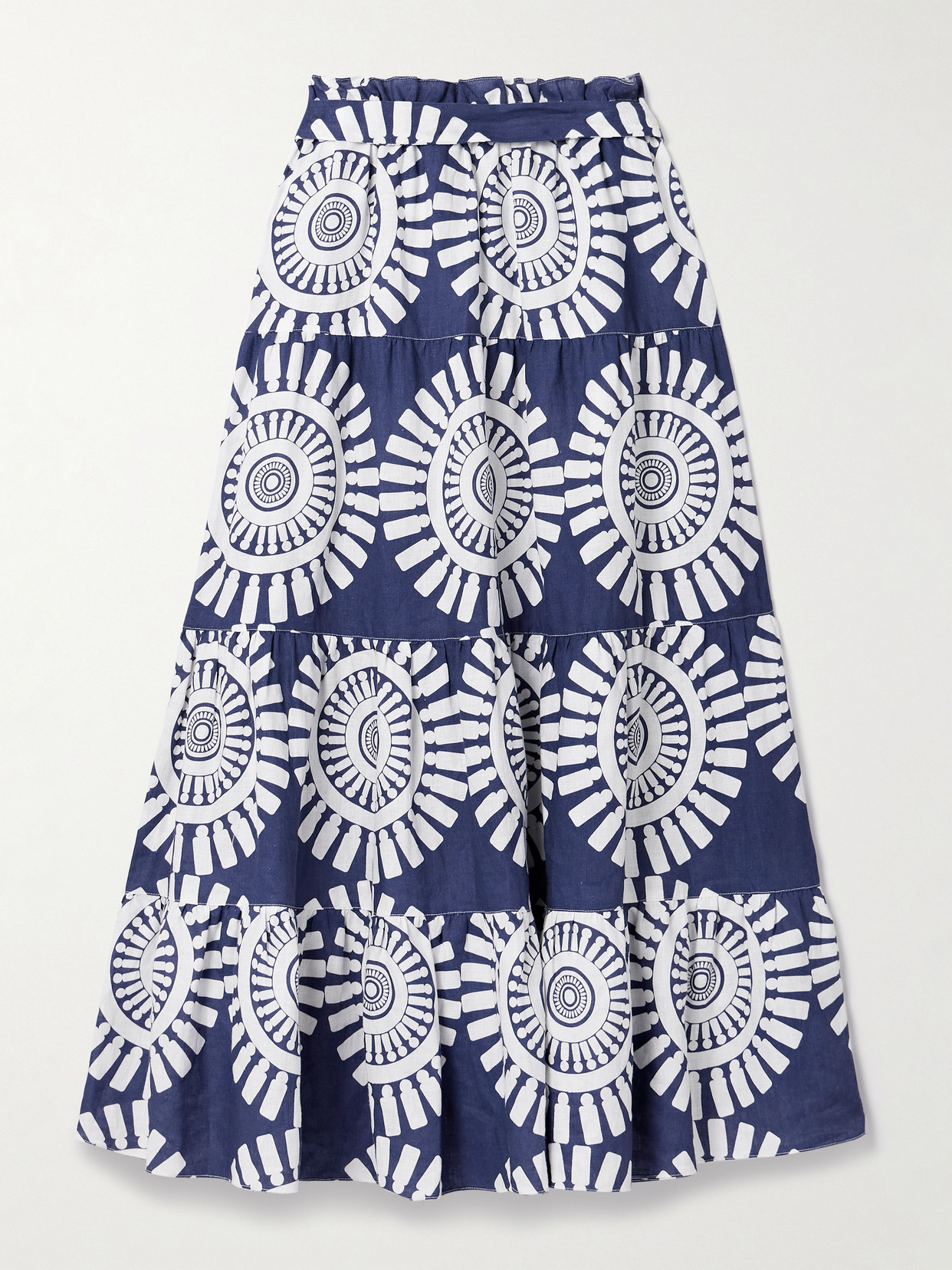 Lemlem Sanaa Belted Printed Linen Maxi Skirt In Blue