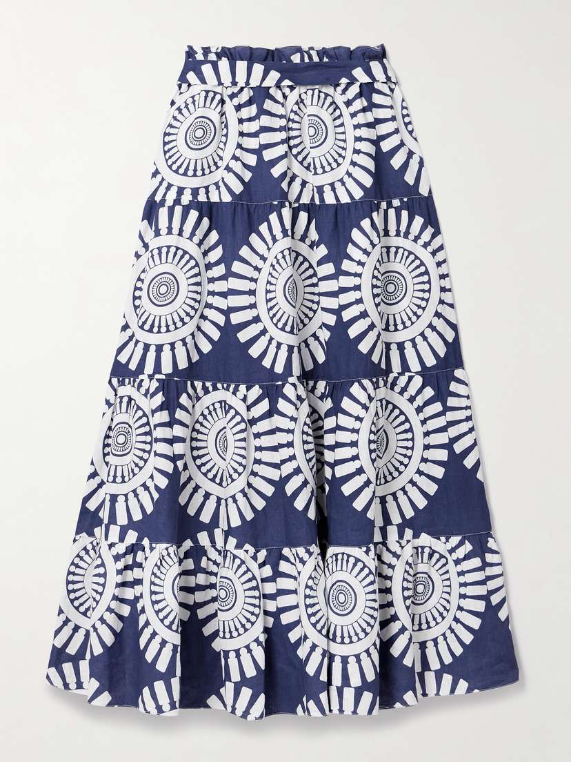 Lemlem Sanaa Belted Printed Linen Maxi Skirt