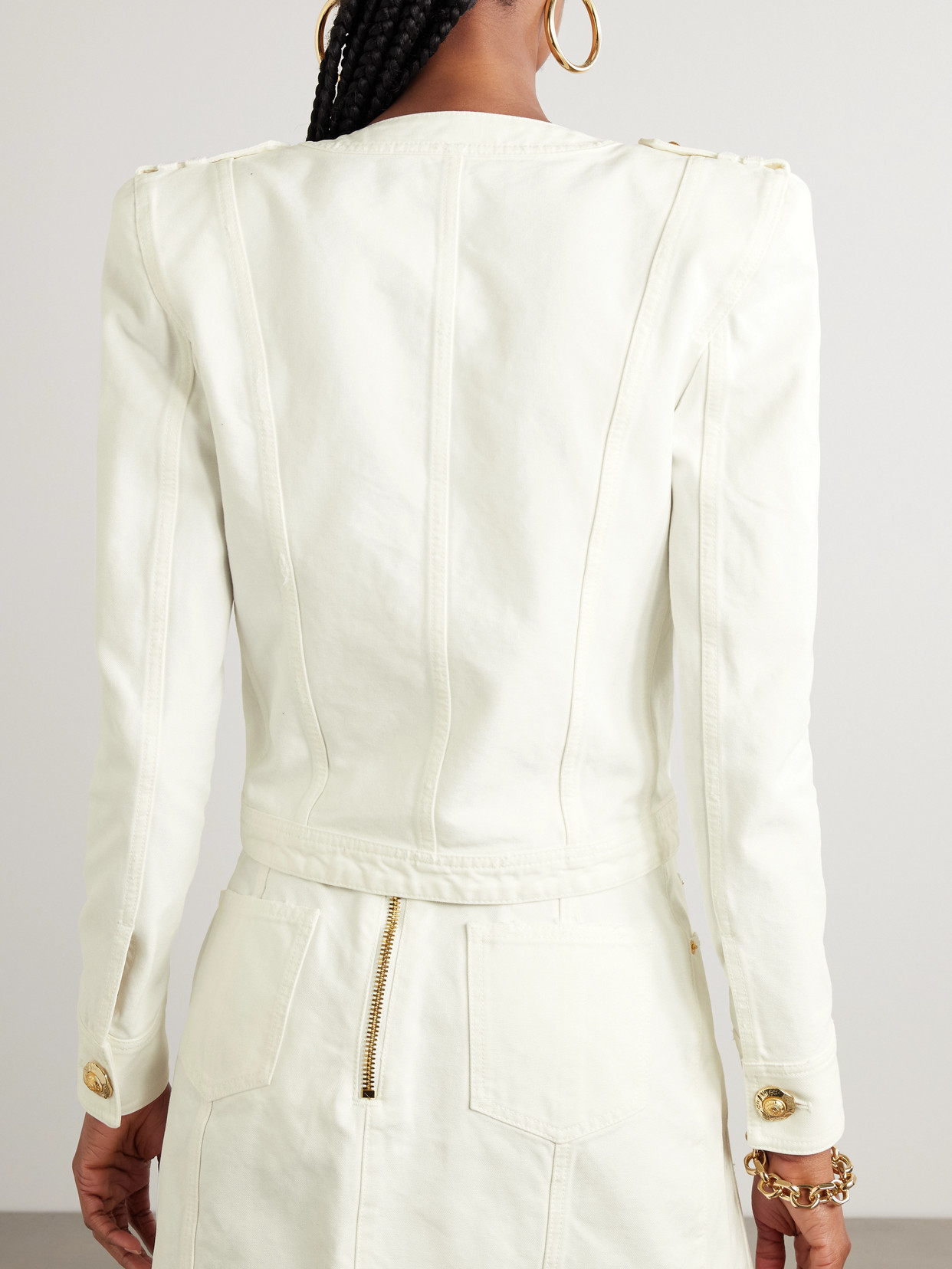 Balmain Cropped Button-embellished Cotton-canvas Jacket In White