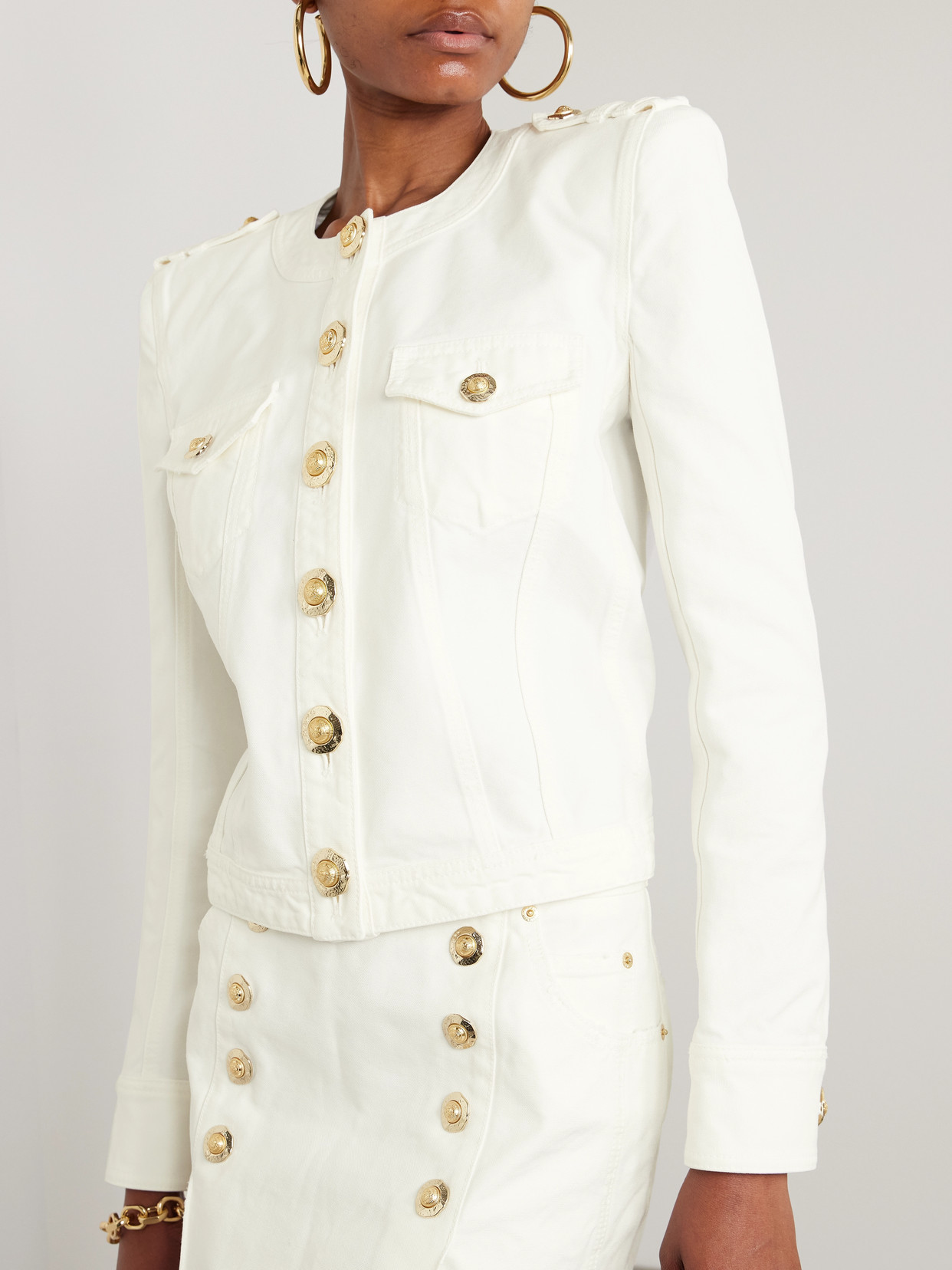 Balmain Cropped Button-embellished Cotton-canvas Jacket In White