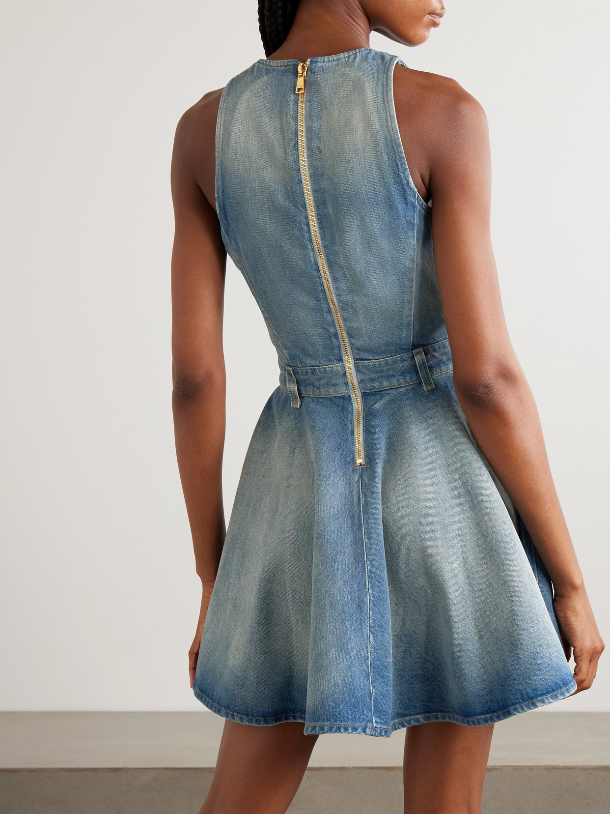 Balmain Button-embellished Embroidered Denim Mini Dress In Blue