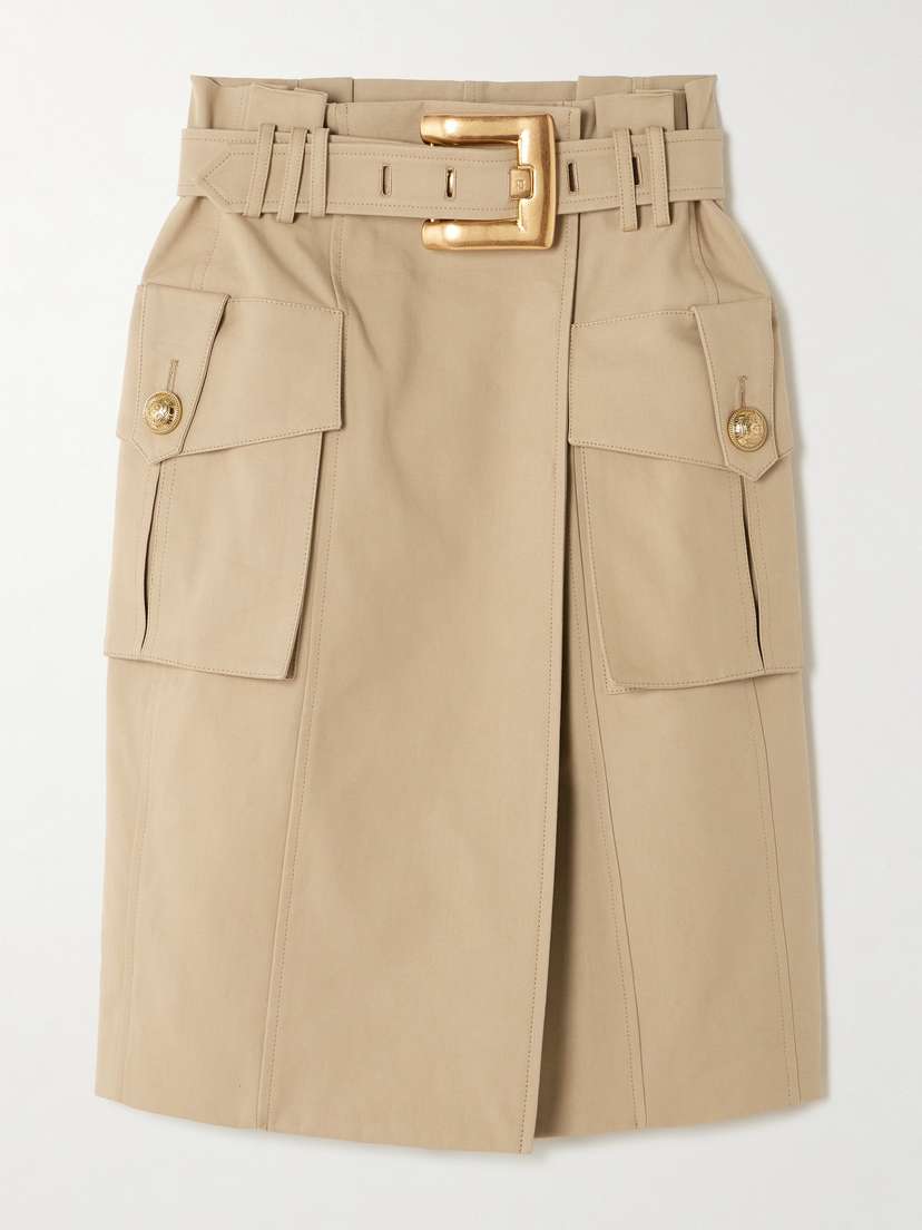Balmain Belted Wrap-effect Button-embellished Cotton-gabardine Skirt
