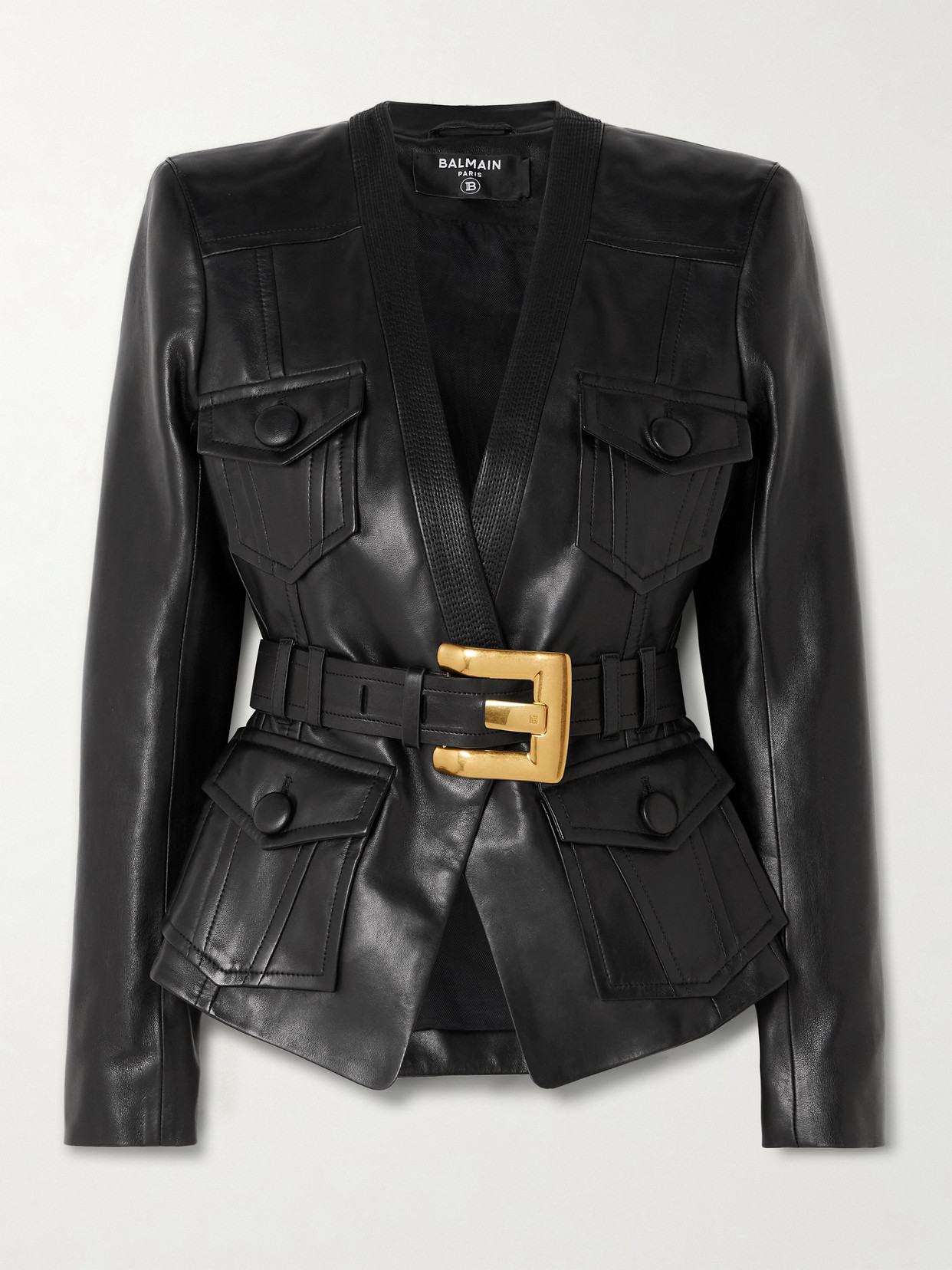 Balmain Belted 4 Pokets Fitted Lambskin Jacket Clothing In Black