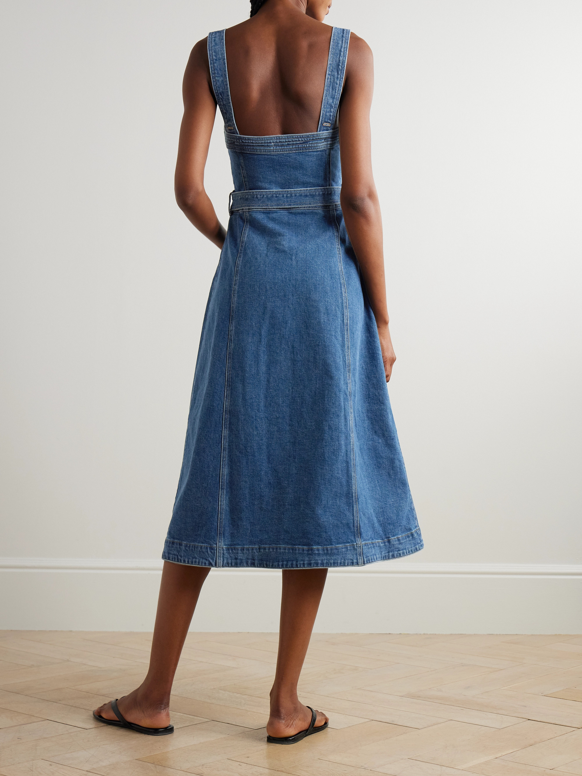 SIMKHAI Alba belted stretch-denim midi dress thumbnail