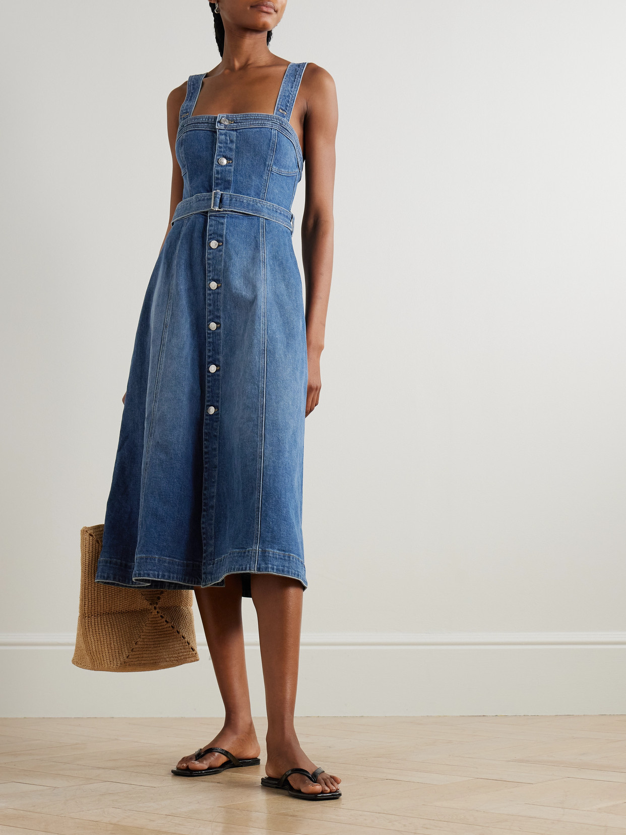 Simkhai Alba Belted Stretch-denim Midi Dress