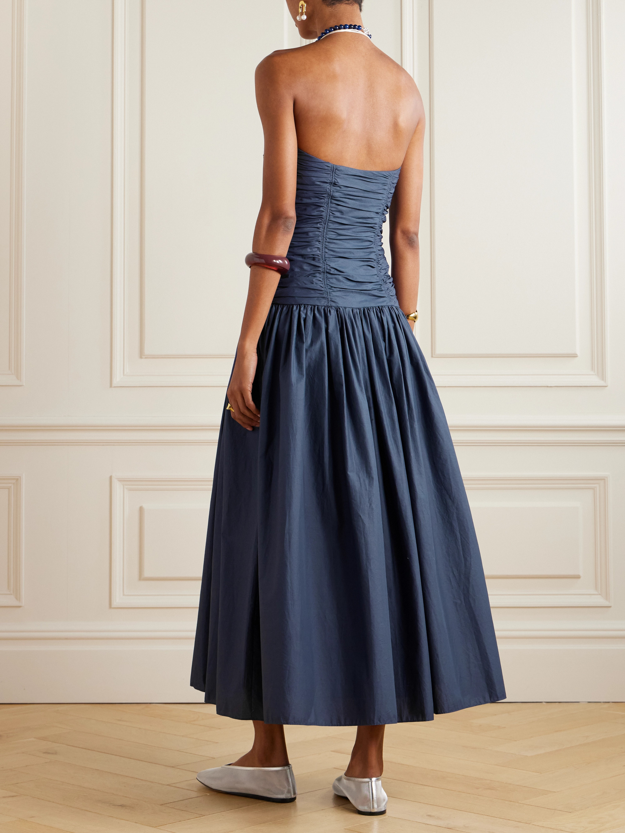 ae strapless ruched poplin midi dress AE Strapless Ruched Poplin Midi Dress
