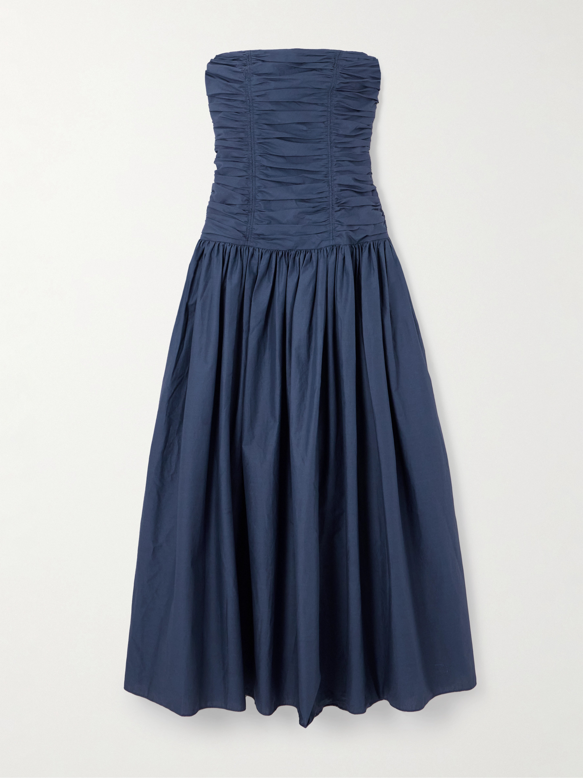 ae strapless ruched poplin midi dress AE Strapless Ruched Poplin Midi Dress