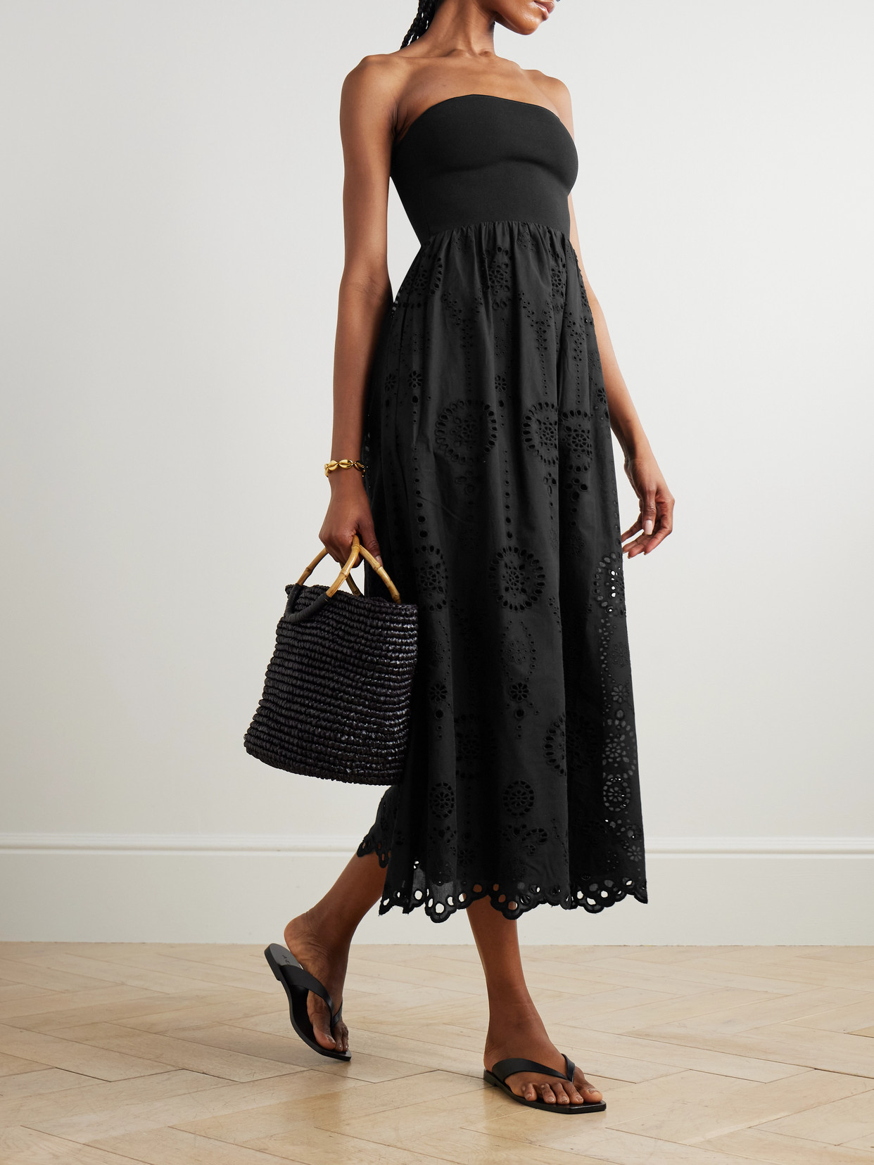 Shop Matteau Strapless Broderie Anglaise Organic Cotton And Stretch-knit Midi Dress