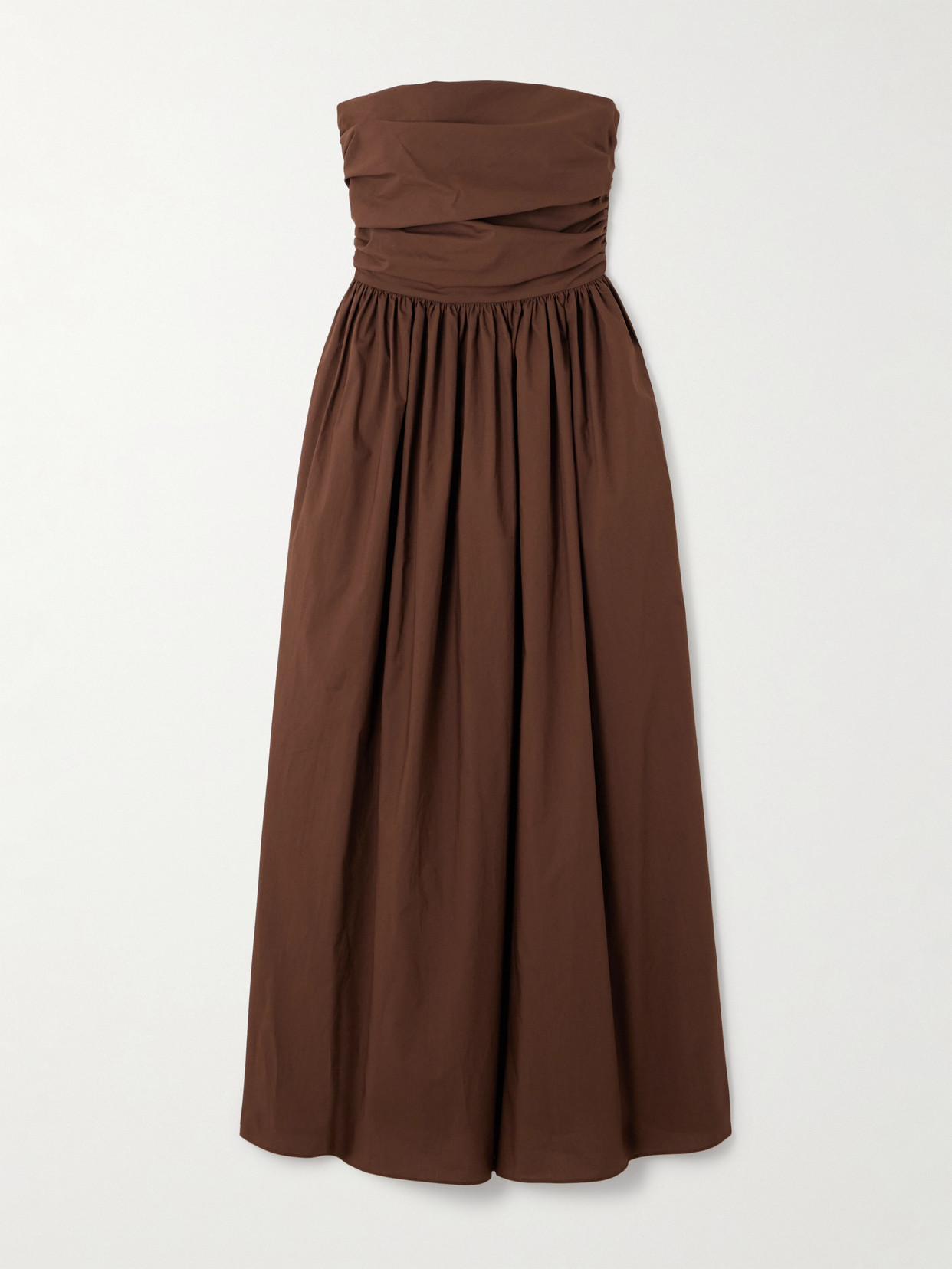 Matteau Strapless Gathered Organic Cotton-poplin Midi Dress In Brown